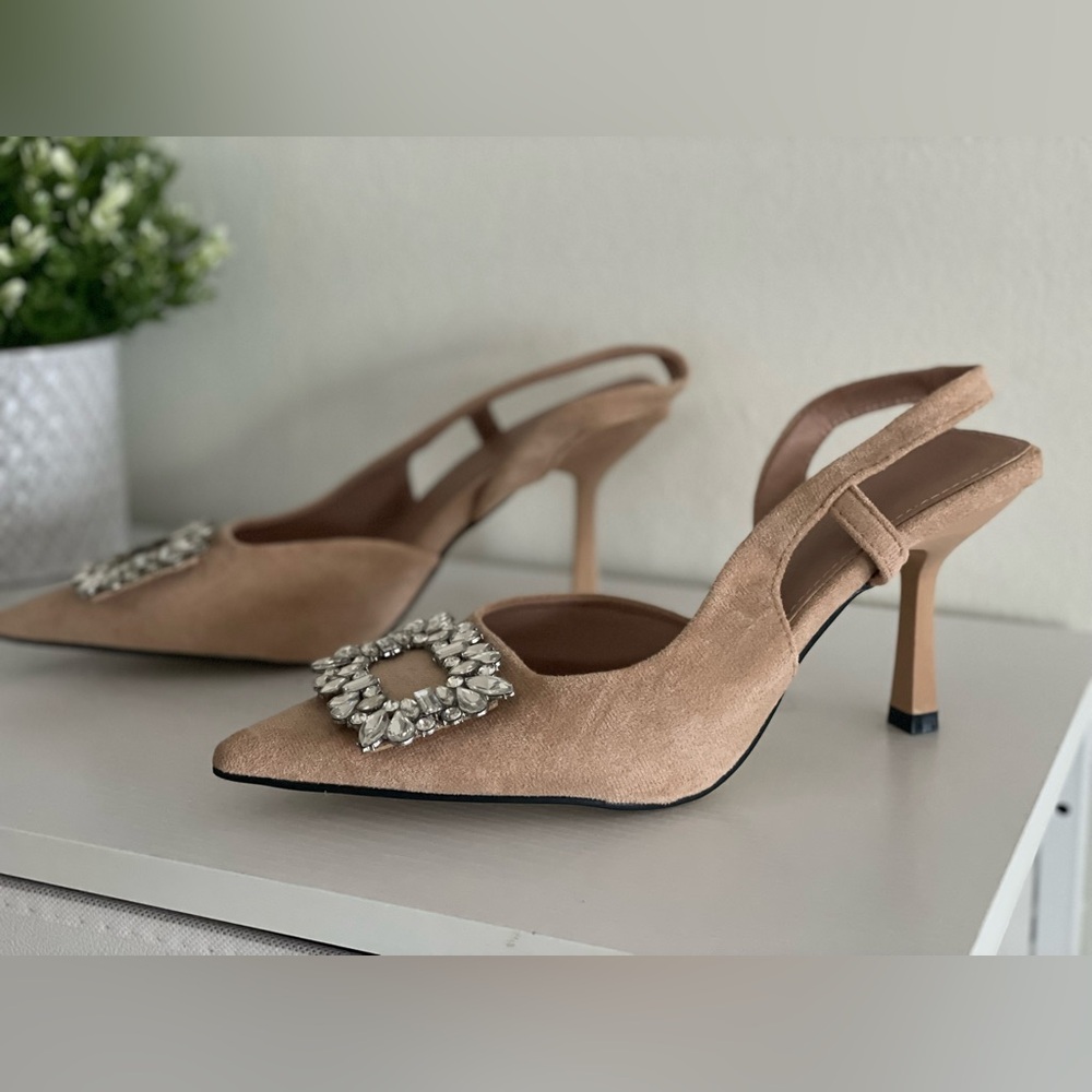 Tan Beige Suede Slingback Heels with crystals buckle size 8